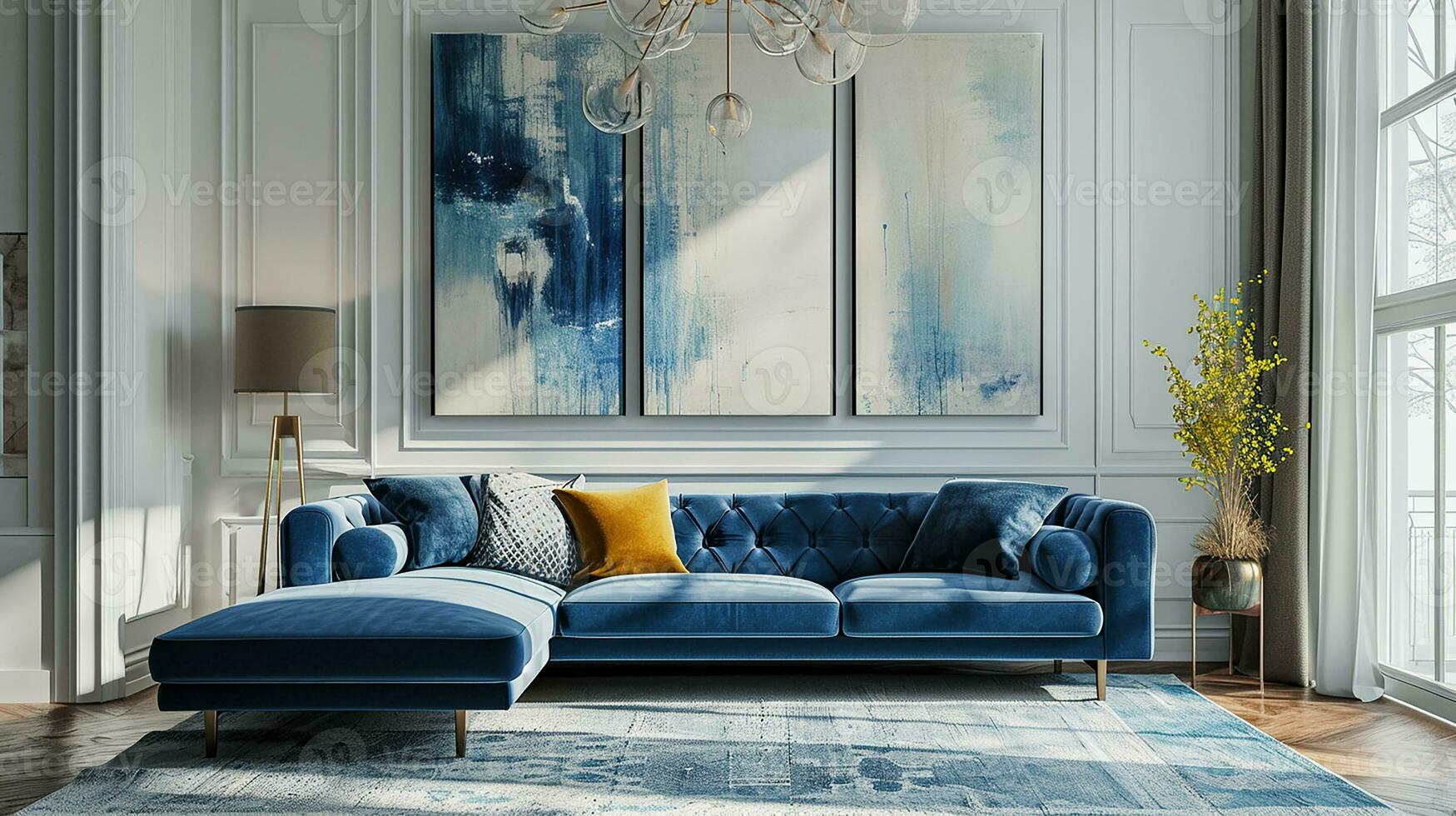 AI generated living room interior design with sofa minimal aesthetic light blue velvet 3d rendered photo