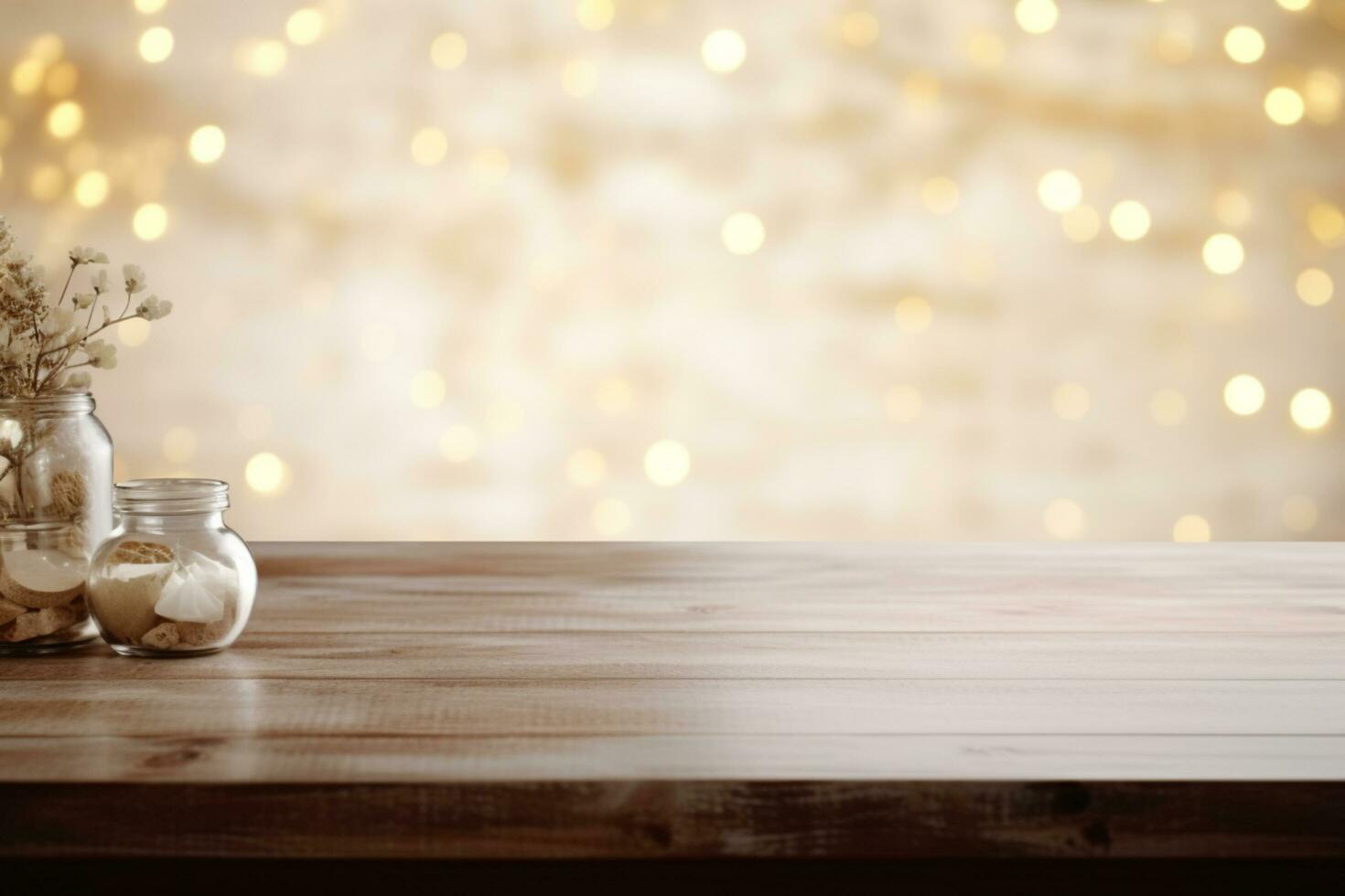 AI generated Christmas wooden table mockup with gifts, lights and bokeh background. banner with creative decoration and copy space. photo
