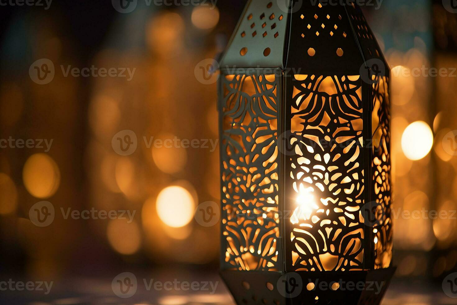 AI generated Ornamental Arabic lantern glowing for Muslim holy month Ramadan Kareem photo