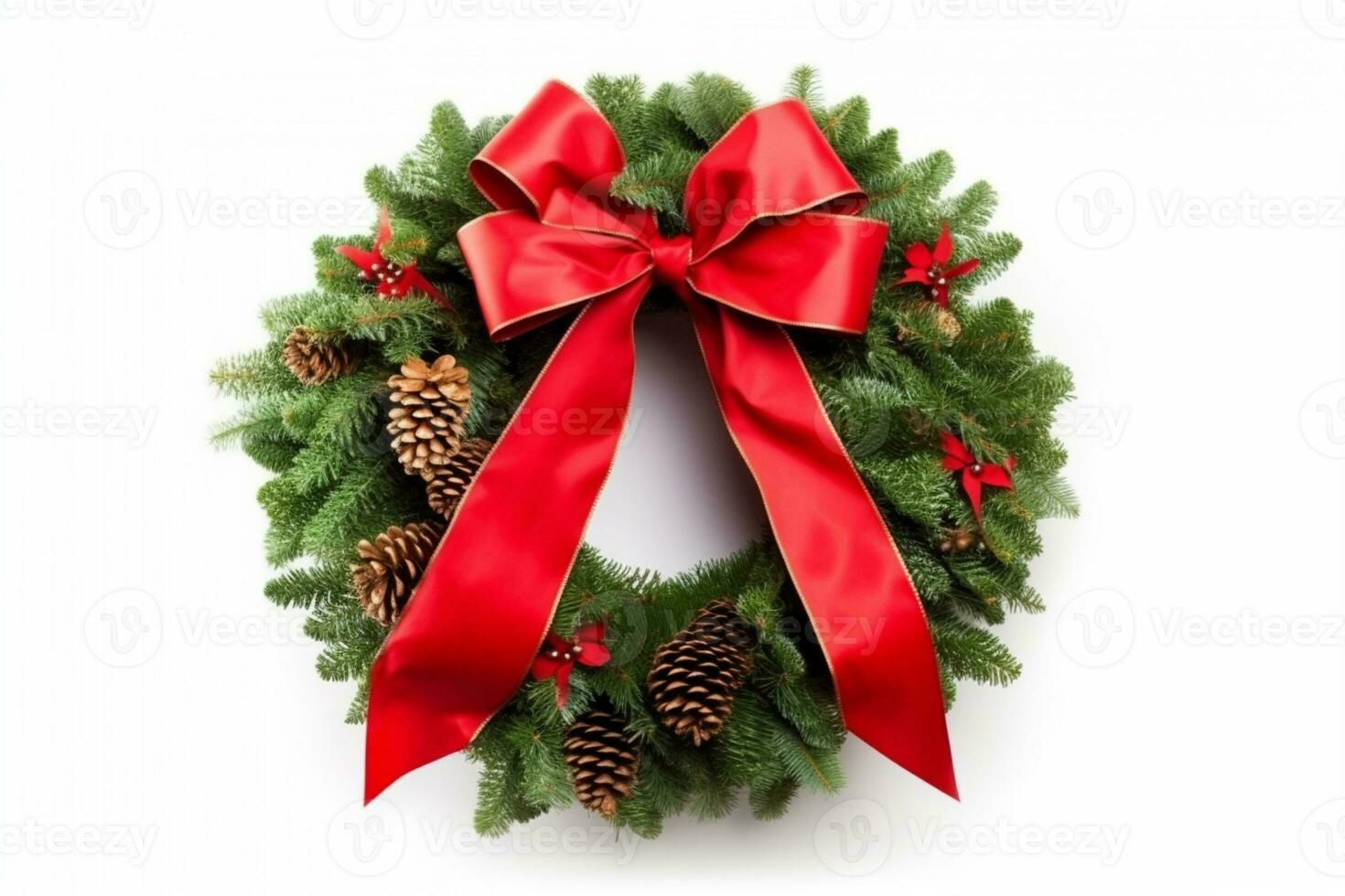 AI generated Christmas Wreath Made of Pine Branches and bauble on white background photo