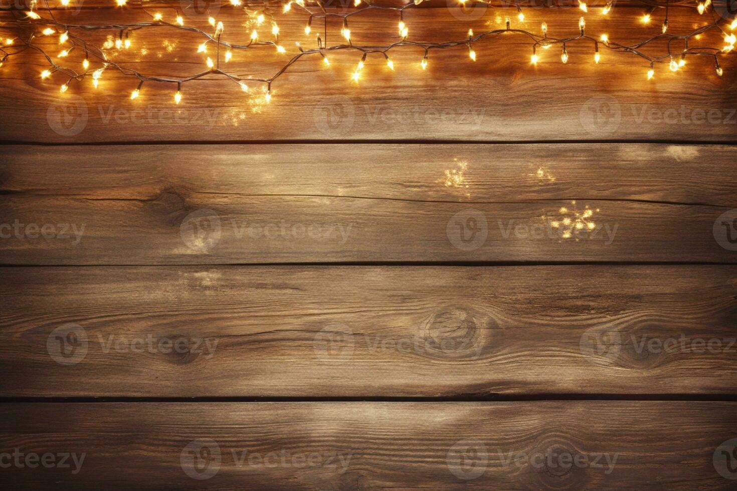AI generated lights on wooden table top view photo