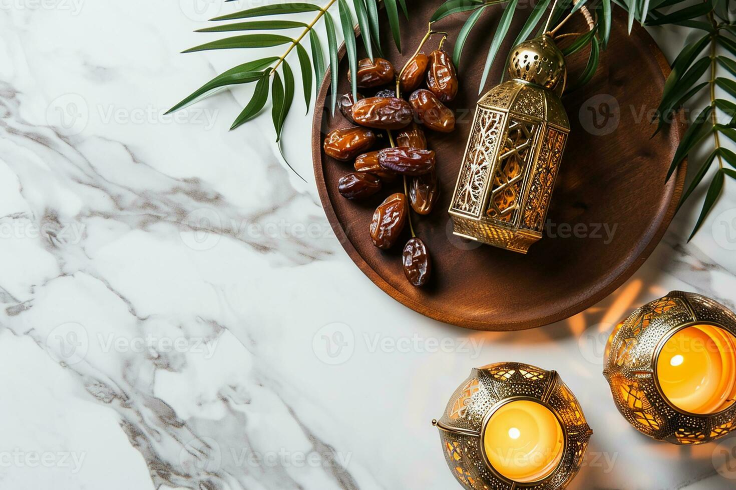 AI generated top view Ramadan Kareem mockup. Bronze plate with dates fruit, olive branches, glowing white marble table. photo