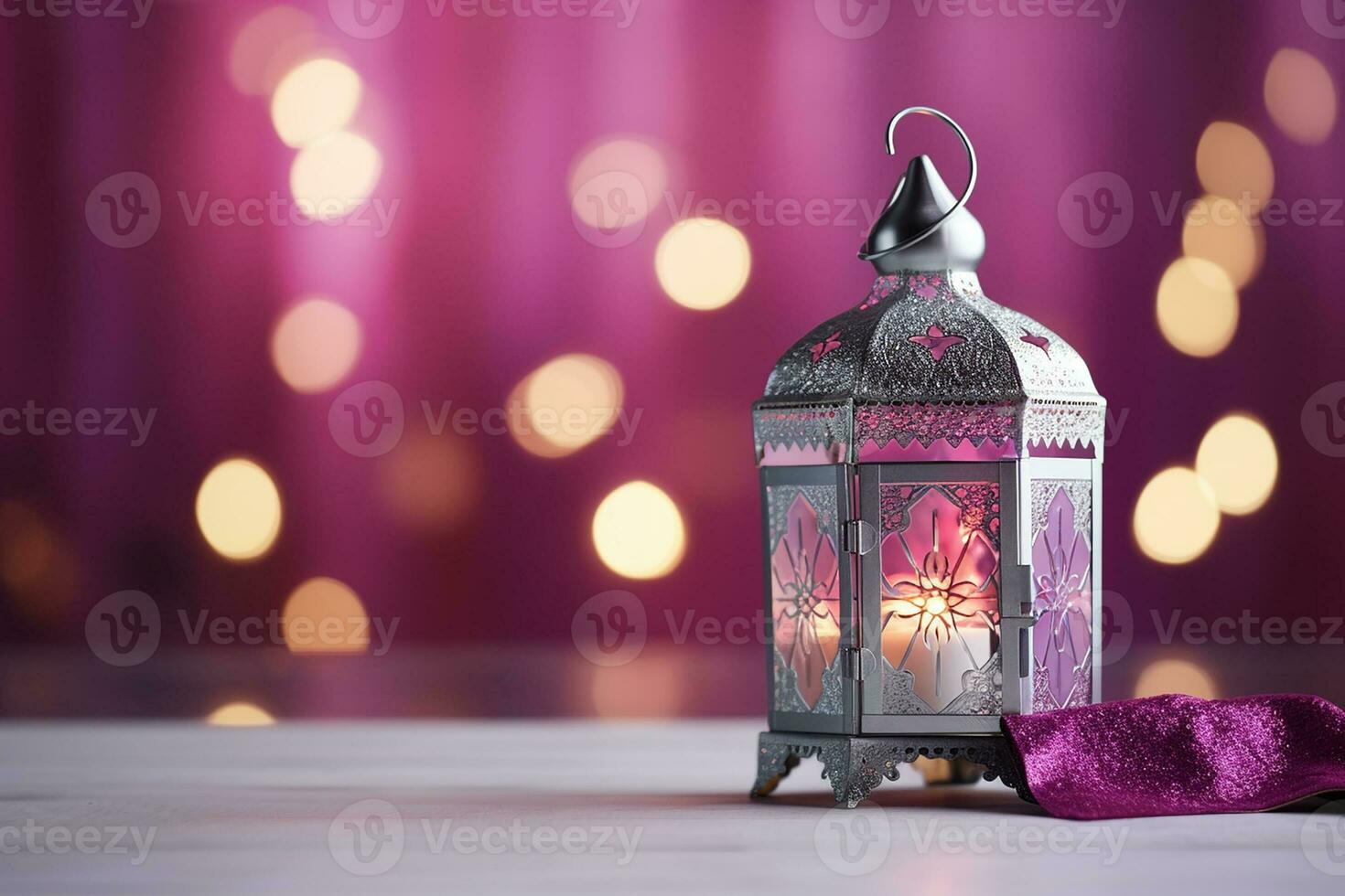 AI generated Eid decorative traditional lamps on purple bokeh background photo