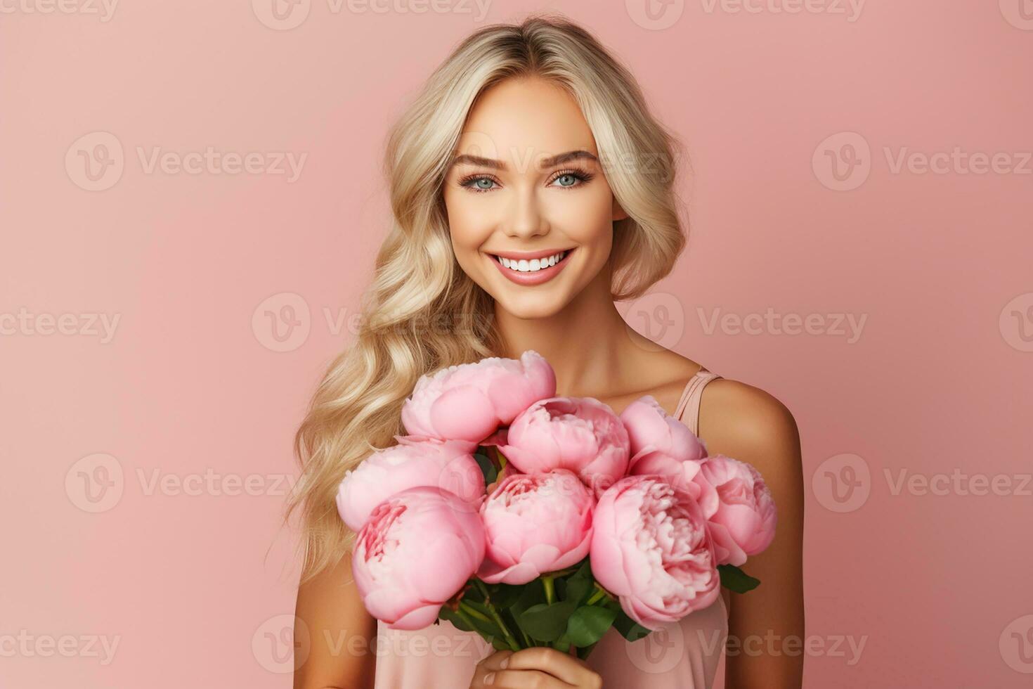 AI generated Portrait of a beautiful young woman smiling with bouquet on isolated background generative AI photo