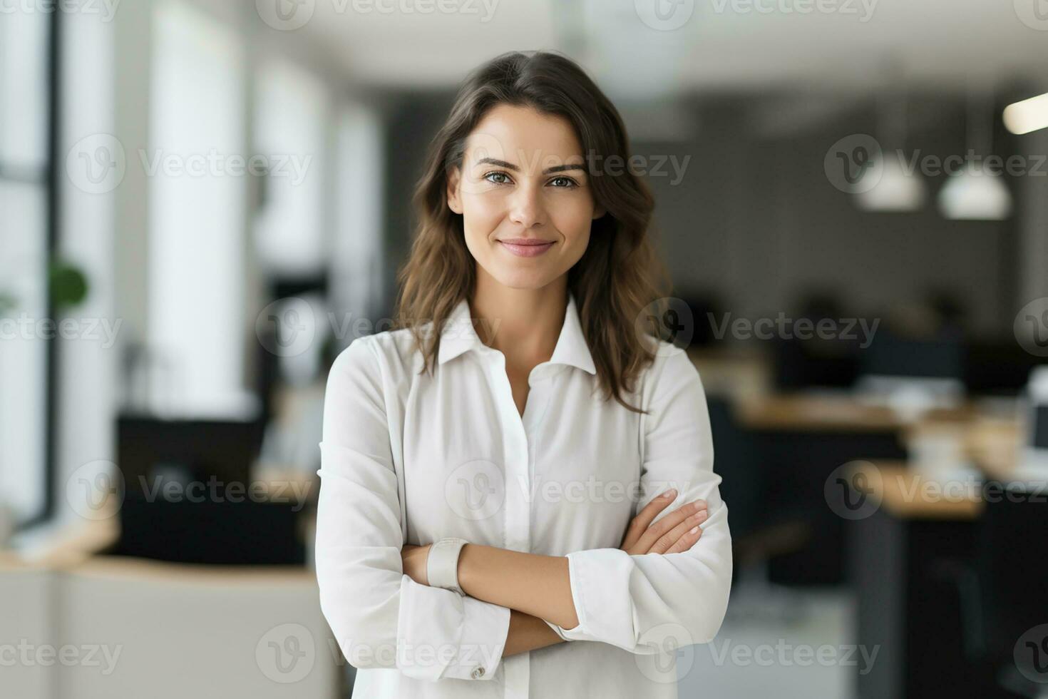 AI generated Portrait of successful and happy businesswoman, office worker smiling and looking at camera with crossed arms, working inside modern office. photo