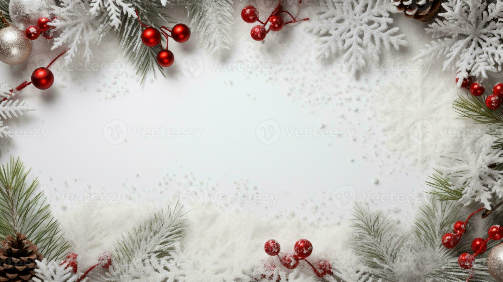 ai generado Navidad composición de abeto árbol ramas con adornos y regalos en blanco antecedentes foto