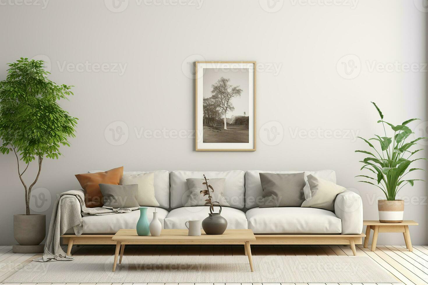 AI generated 3d rendered Minimal style Modern living room interior design with sofa photo