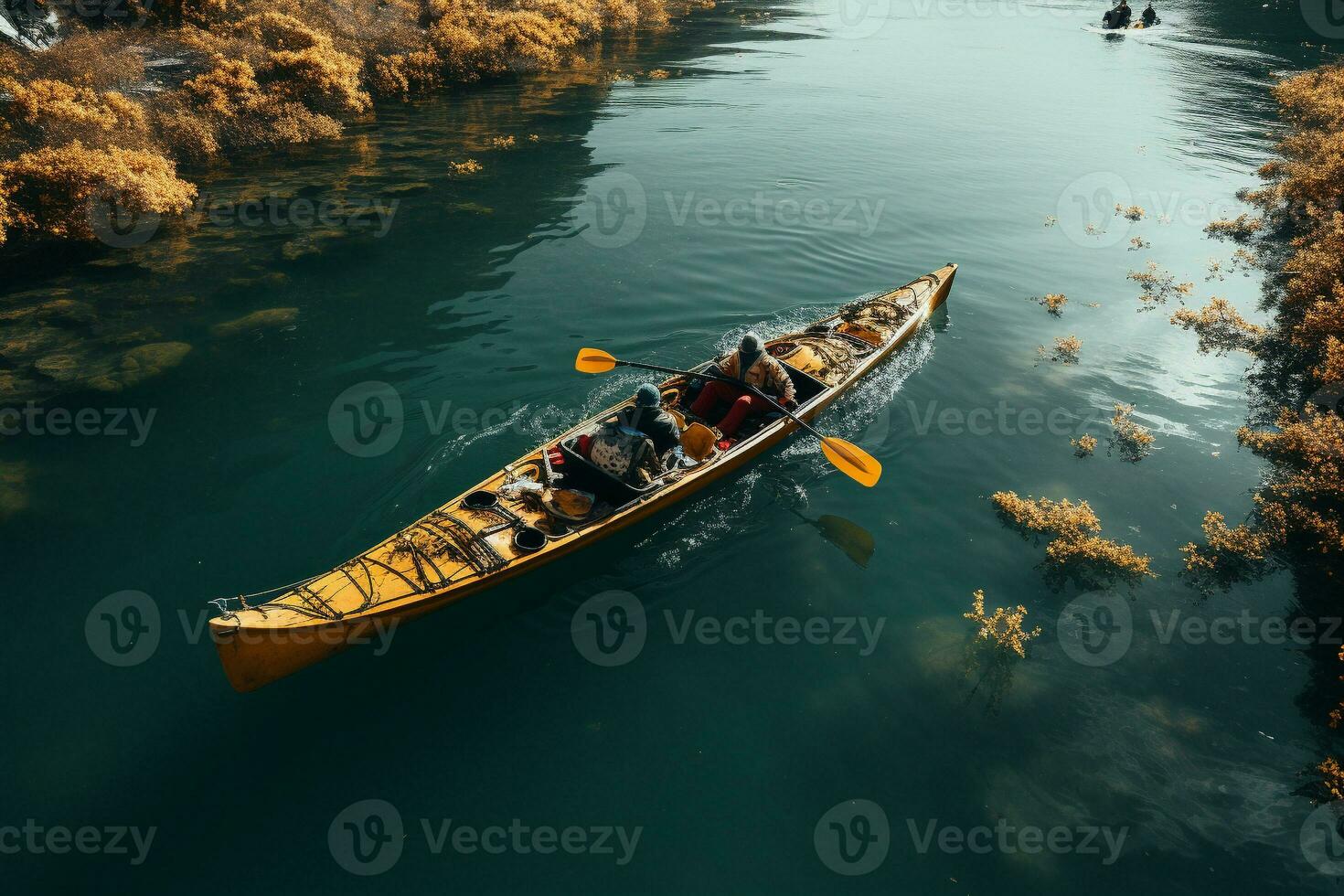 AI generated Drone view of people going kayaking photo