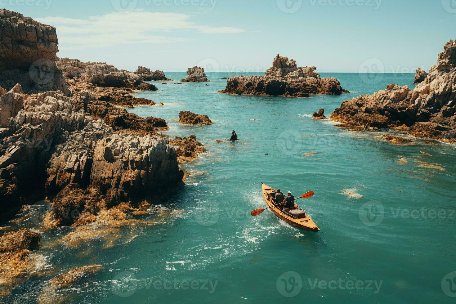 AI generated Drone view of people going kayaking photo