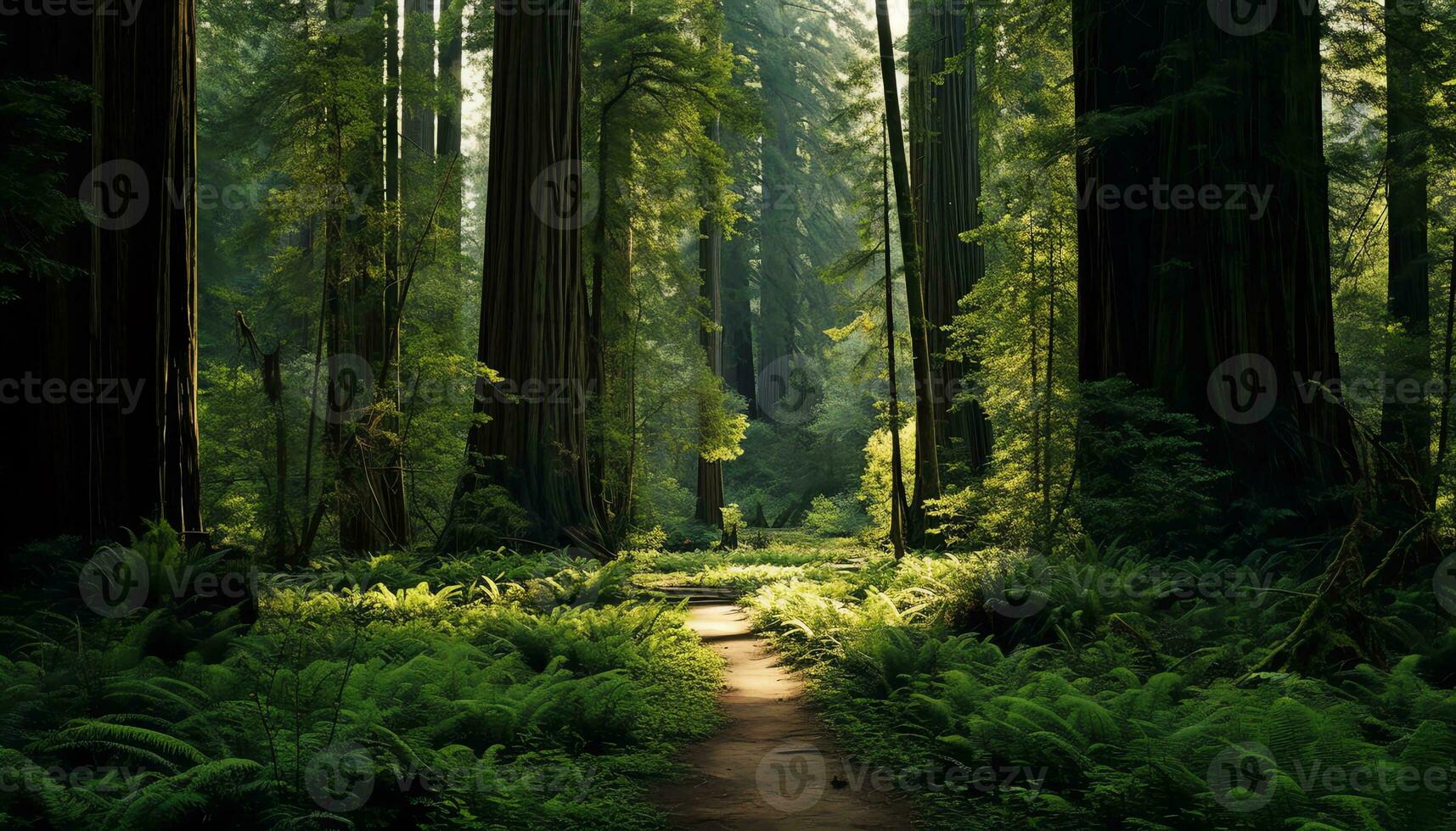 ai generado un camino mediante el bosque con alto arboles foto