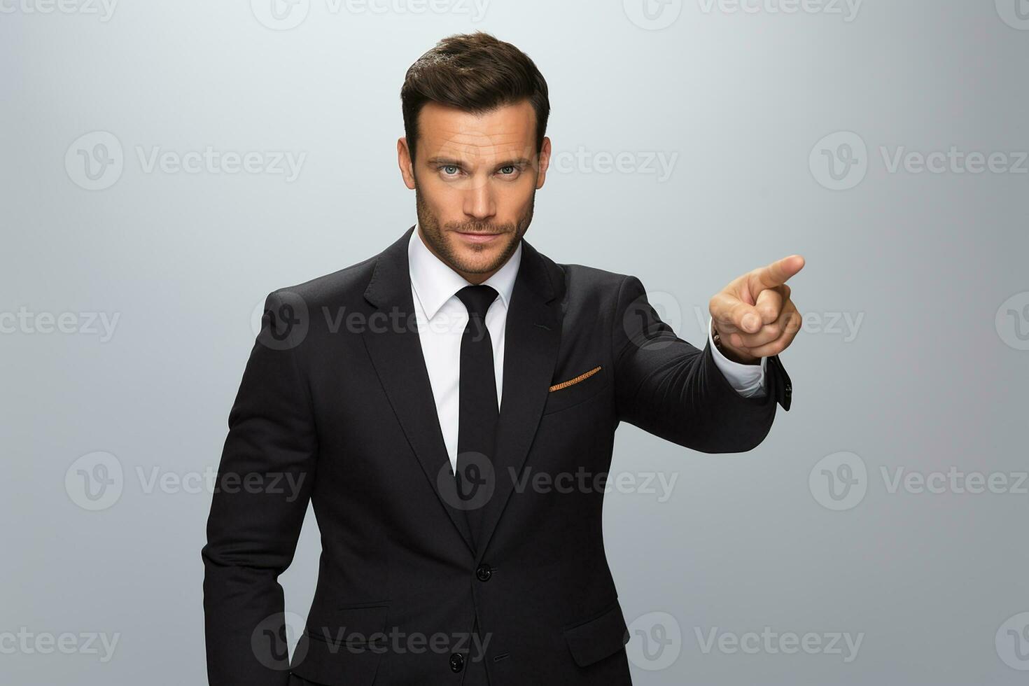 AI generated young smiling man in formal wear pointing with finger on you photo