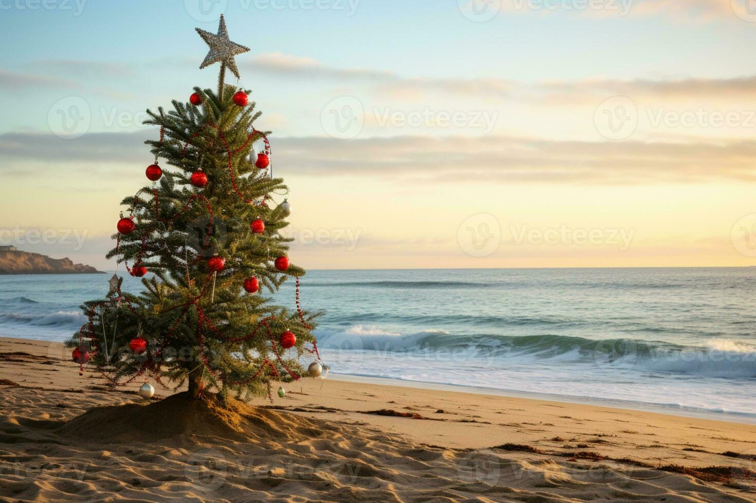 ai generado Navidad árbol en el playa a puesta de sol foto