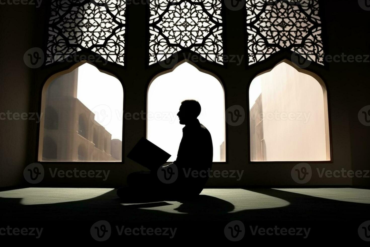 AI generated silhouette muslim man praying n the mosque photo