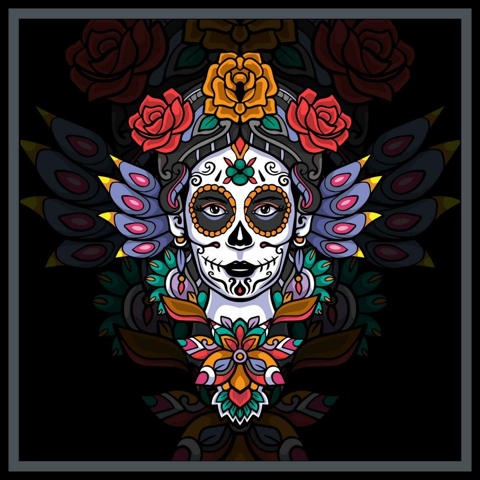 Colorful Calavera girl head mandala arts. vector