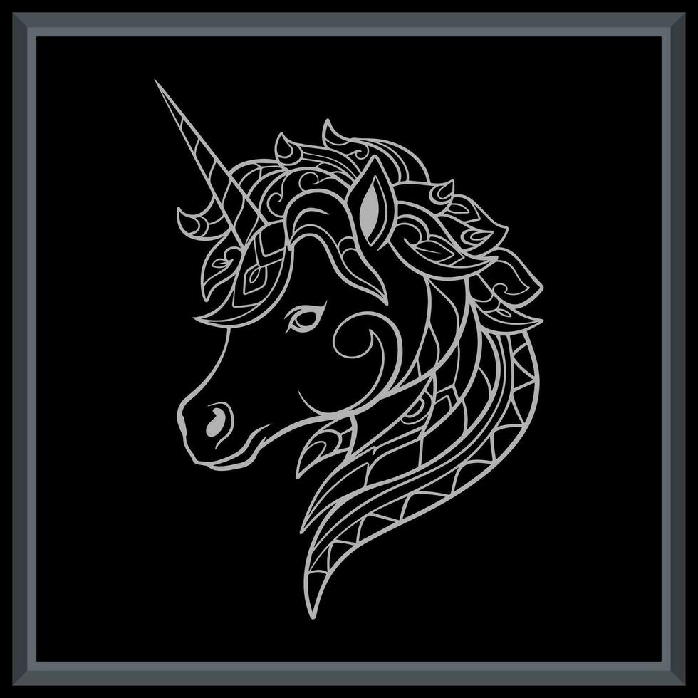 unicornio cabeza mandala letras aislado en negro antecedentes. vector