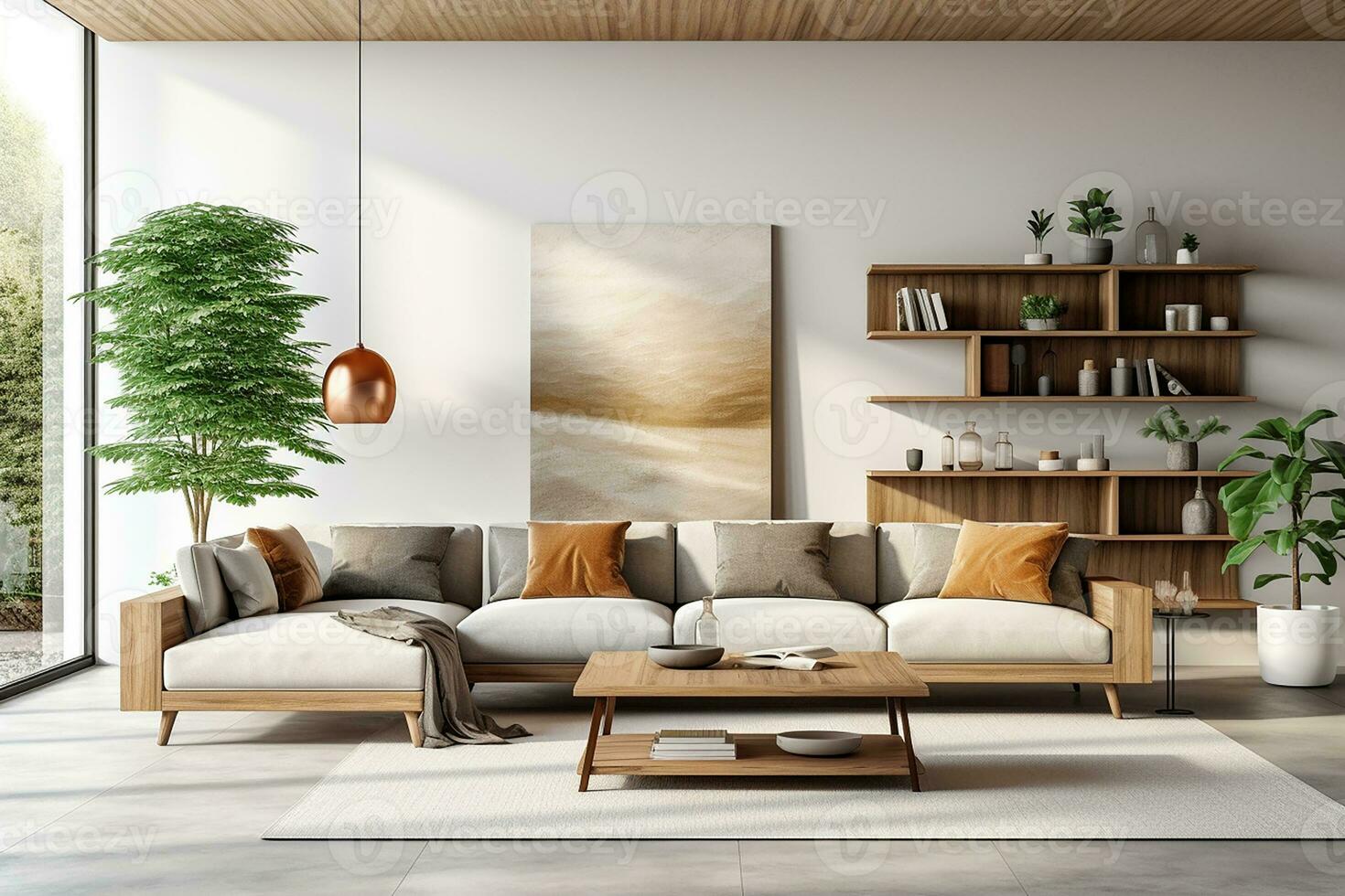 AI generated 3d rendered Minimal style Modern living room interior design with sofa photo