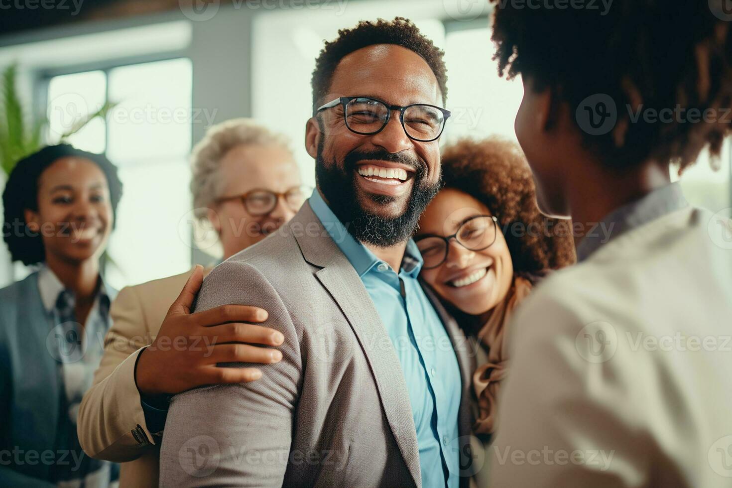 AI generated Medium shot smiley business team hugging each other in modern office photo