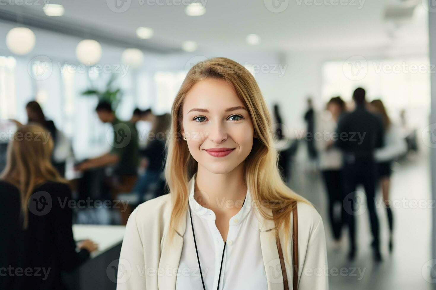 AI generated Portrait of successful and happy businesswoman, office worker smiling and looking at camera with crossed arms, working inside modern office. photo