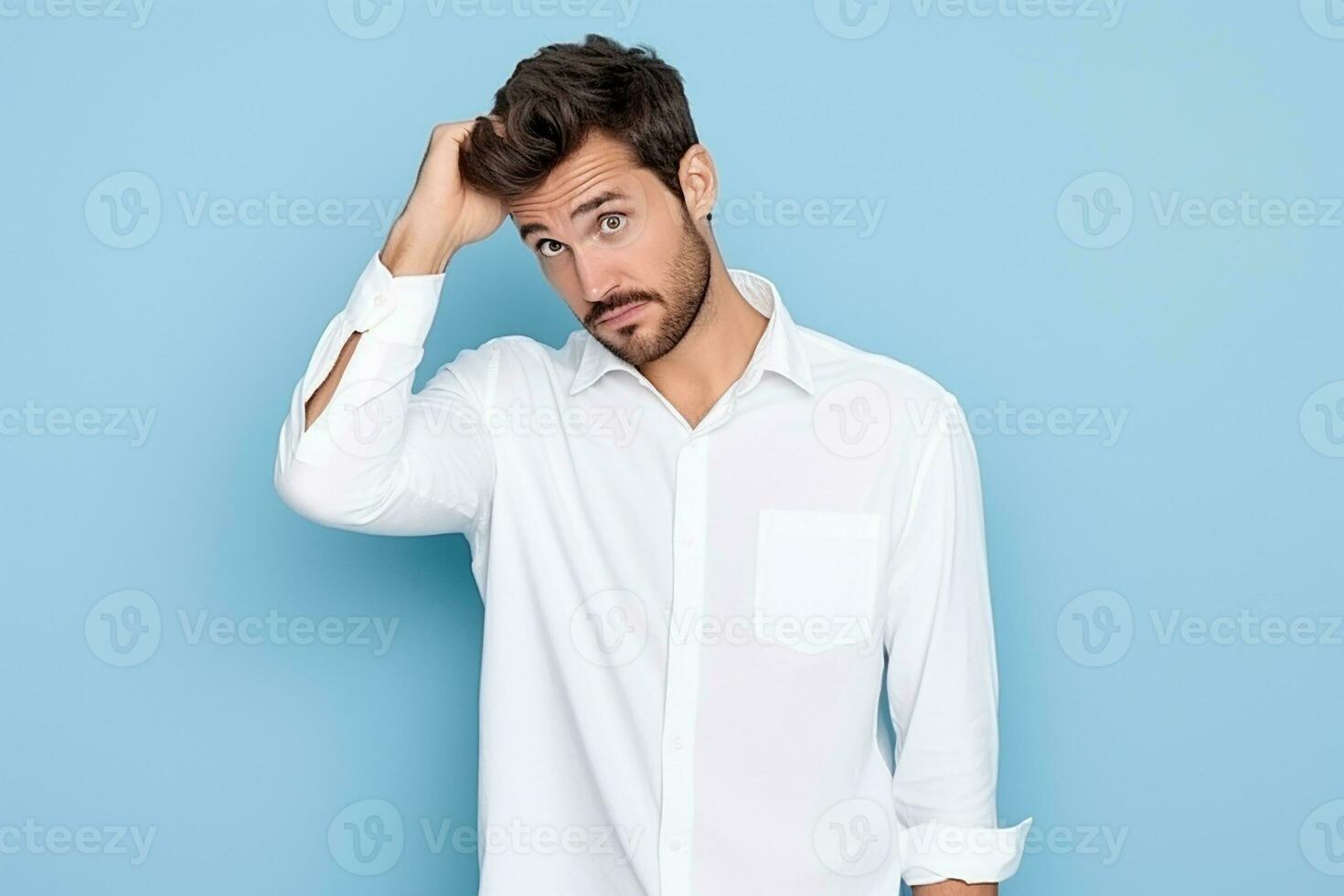 AI generated confuse handsome man over blue background photo