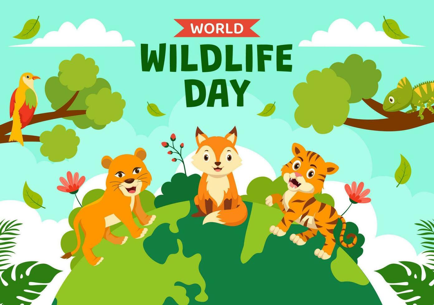 Wildlife Day Social Media Background Flat Cartoon Hand Drawn Templates Illustration vector
