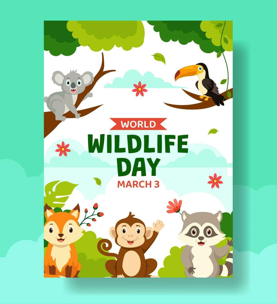 Wildlife Day Vertical Poster Flat Cartoon Hand Drawn Templates Background Illustration vector