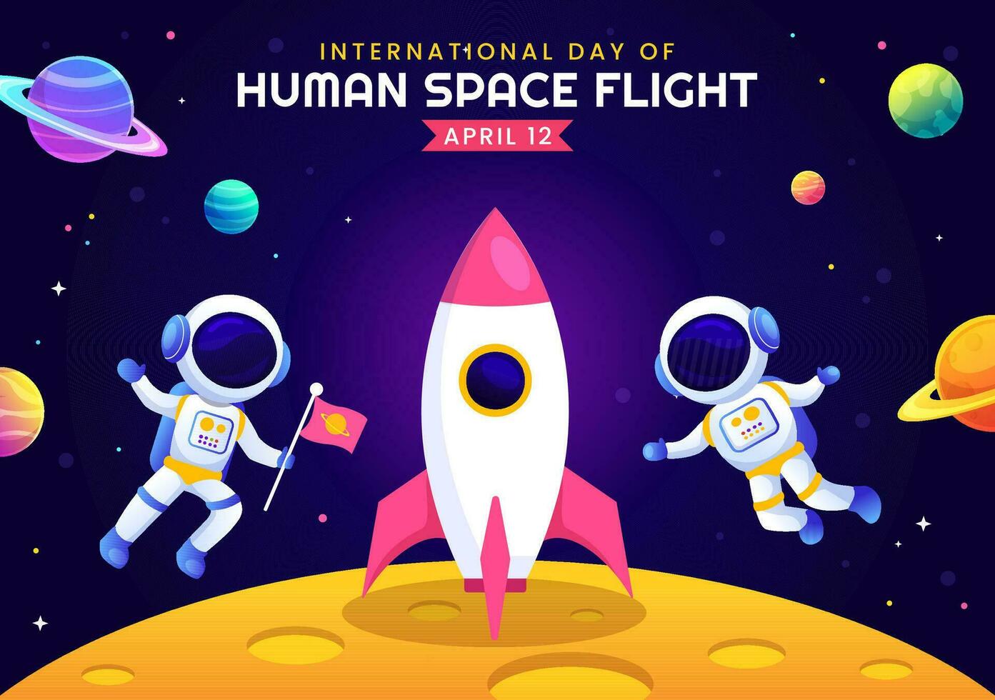 internacional día de humano espacio vuelo vector ilustración en 12 abril con astronauta en pie en el luna, transmisor satélites y planetas