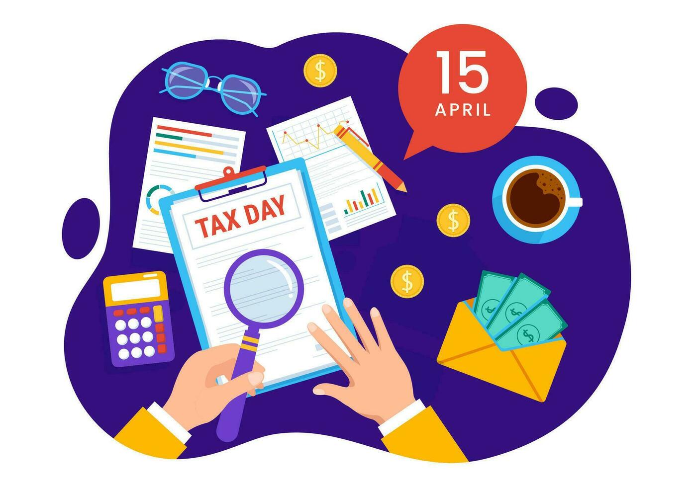 Happy Tax Day Vector Illustration on 15 April with Clipboard Tax Form, Clock, Pen, Coins Money and Paper Document to Pay the bills in Flat Background