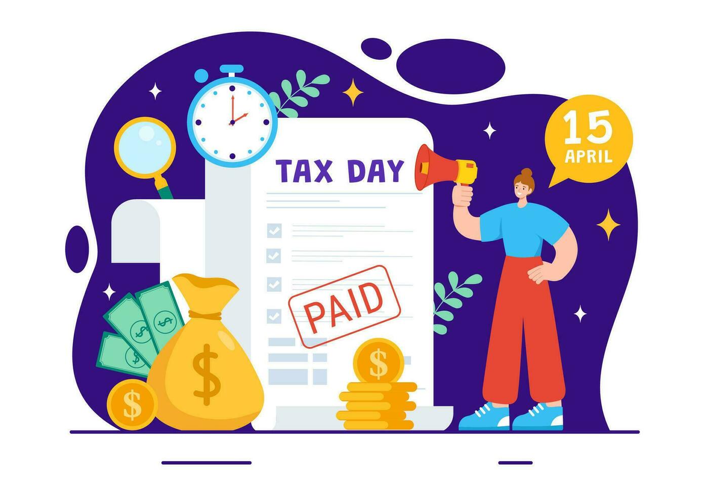 Happy Tax Day Vector Illustration on 15 April with Clipboard Tax Form, Clock, Pen, Coins Money and Paper Document to Pay the bills in Flat Background