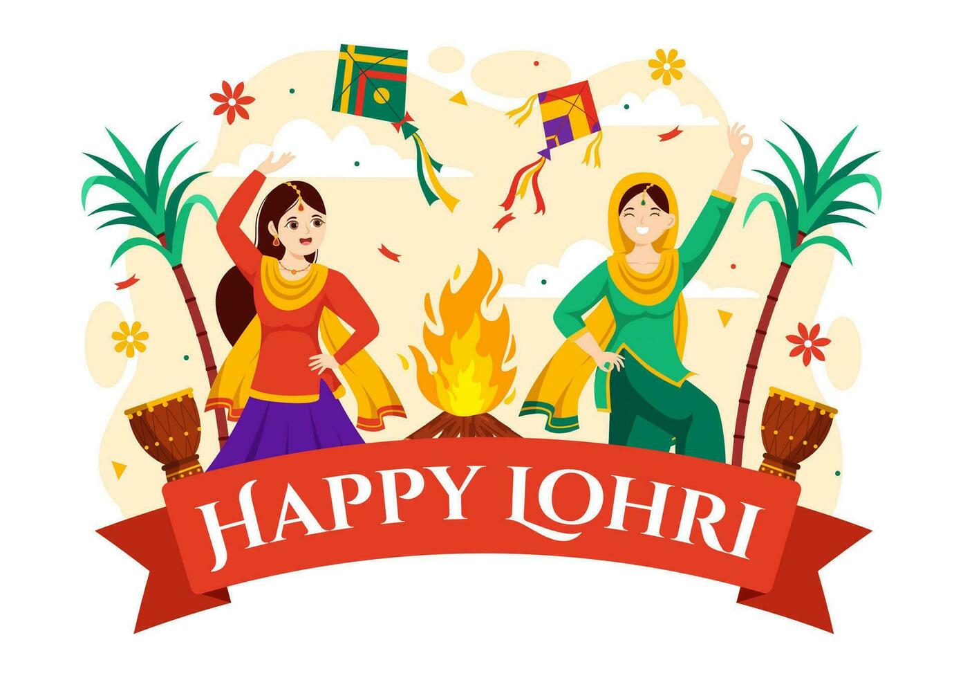 Happy Lohri Festival of Punjab India Vector Illustration of Playing Dance and Celebration Bonfire with drums and kites in Flat Cartoon Background