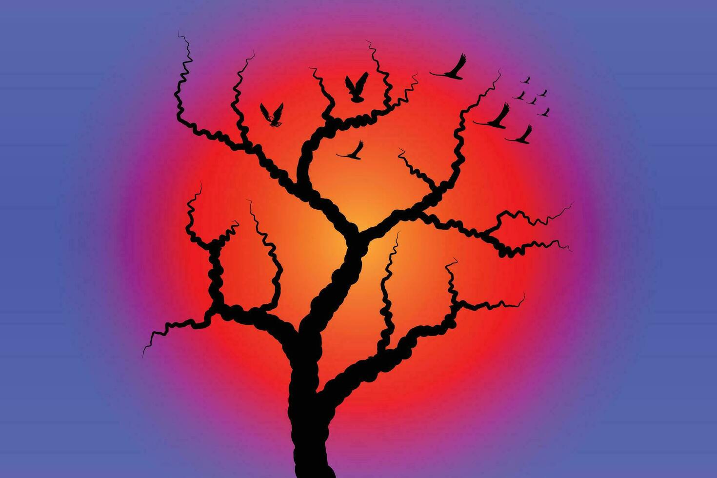 Simple Spooky Halloween Tree with flying bird vector. vector
