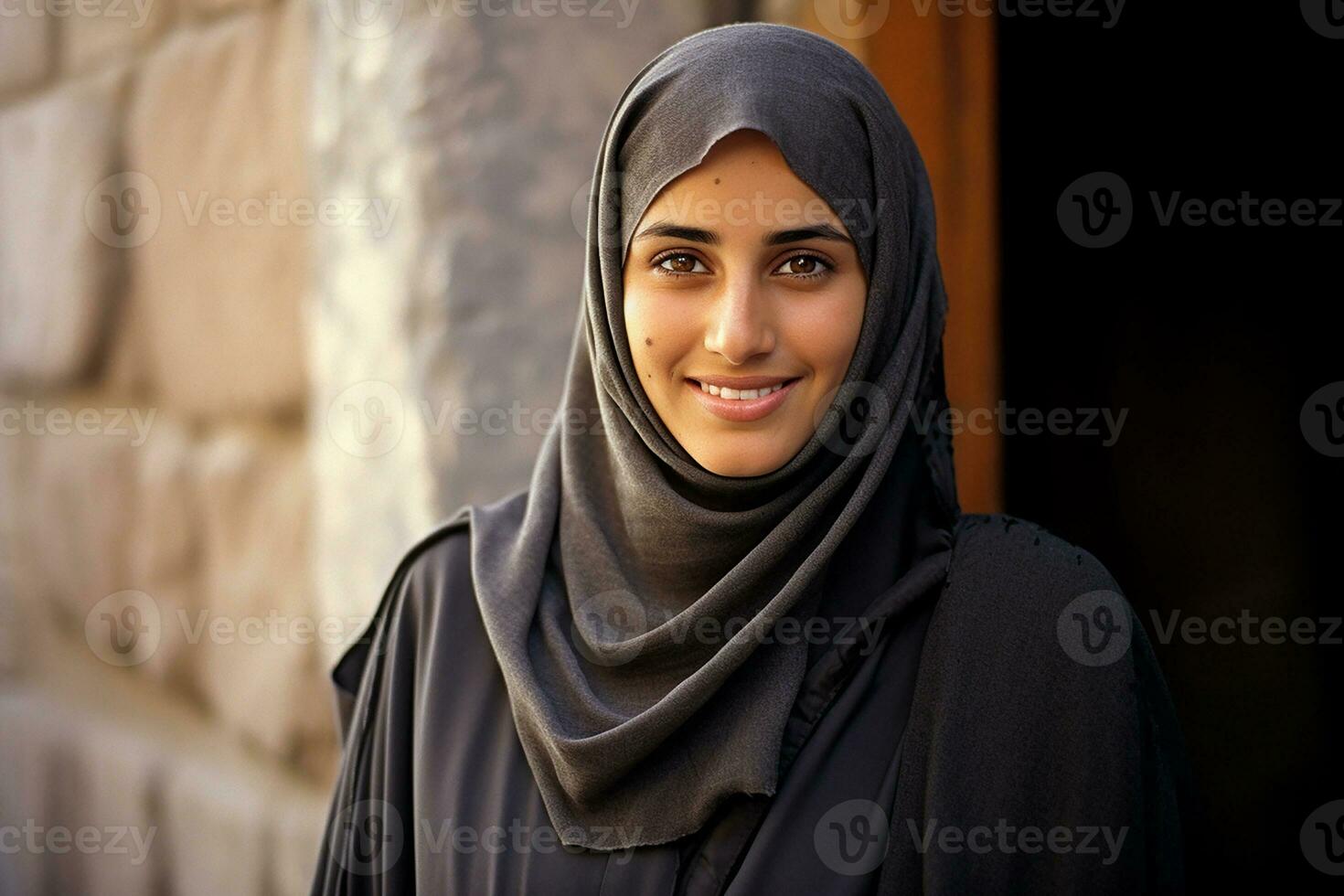 AI generated Portrait of a beautiful Muslim woman wearing hijab posing outdoors generative AI photo