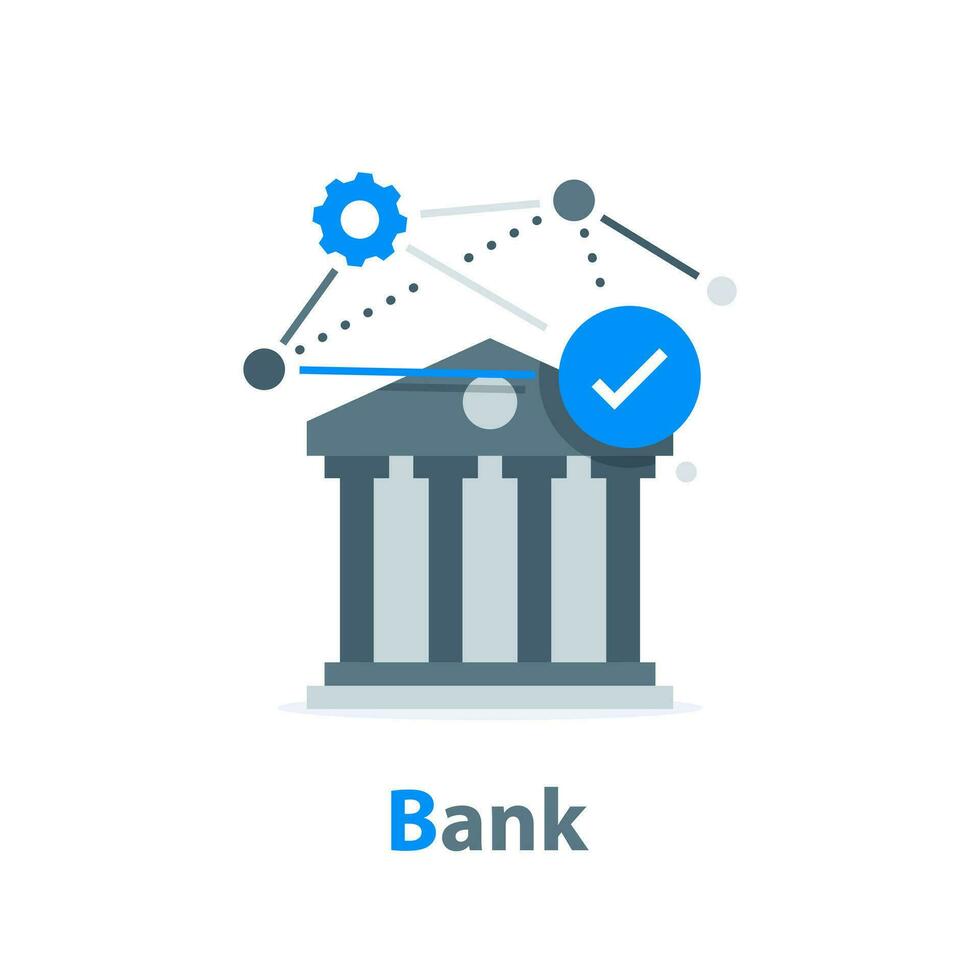 edificio bancario, financiación bancaria, cambio de moneda, servicios financieros, atm, concepto de página web, ilustración de vector de icono de diseño plano