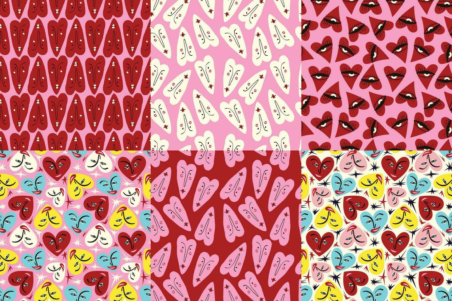 San Valentín colección de brillante y frio sin costura patrones. modelo con frio peculiar juguetón brillante corazones y caracteres vector