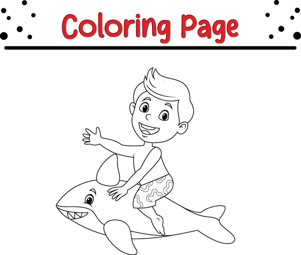 Coloring page little boy riding inflatable shark vector