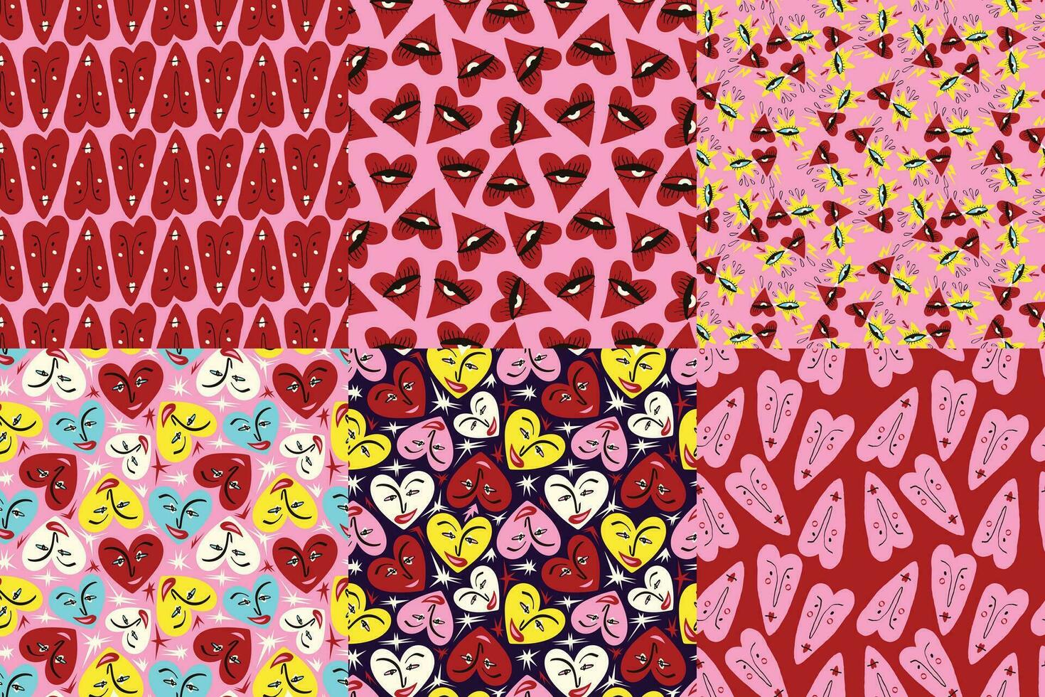 Valentine's Day Collection of Bright and Cool Seamless Patterns. Pattern with Cool Quirky Playful Bright Hearts and characters vector