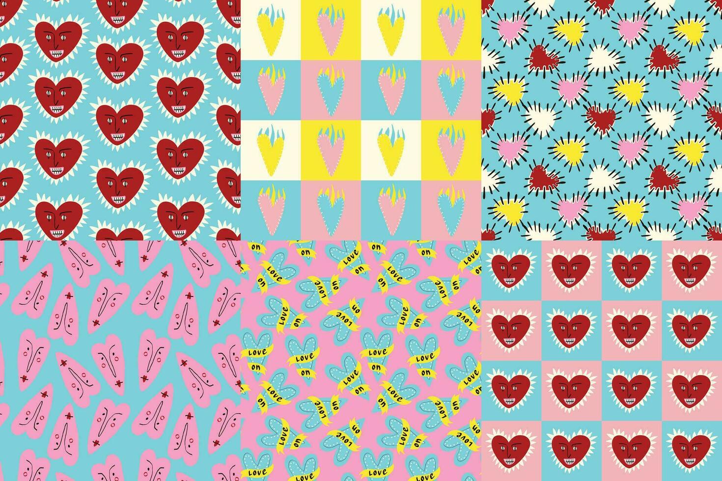 Bright and cool funny patterns for Valentine's Day. Seamless pattern with cool playful love hearts vector