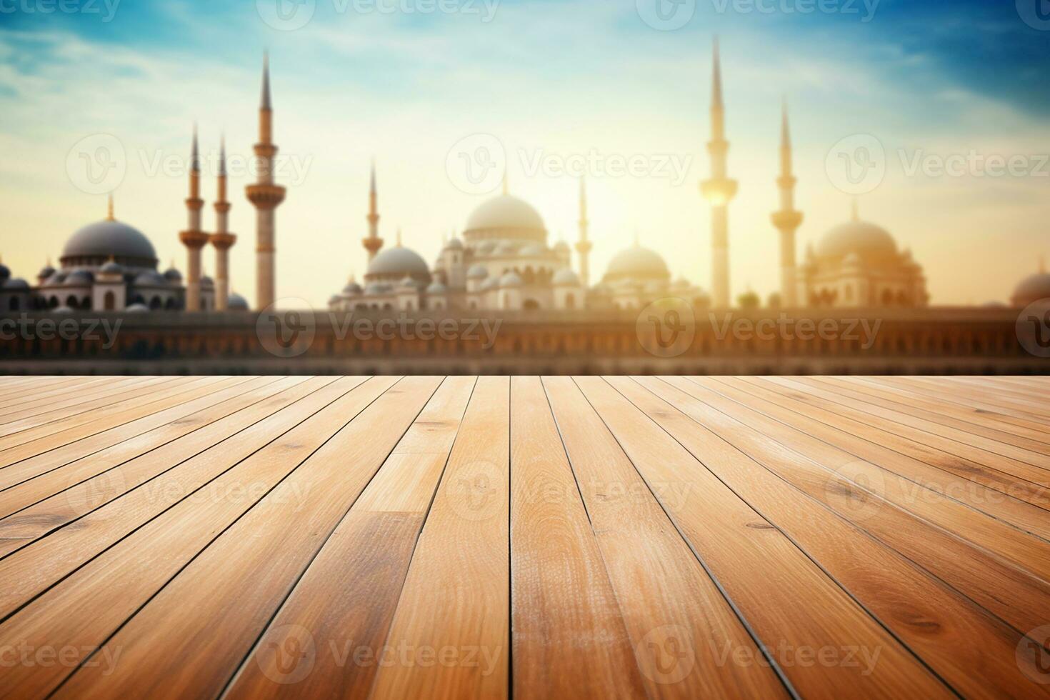 AI generated Empty beautiful wood table top counter and blur bokeh mosque in background photo