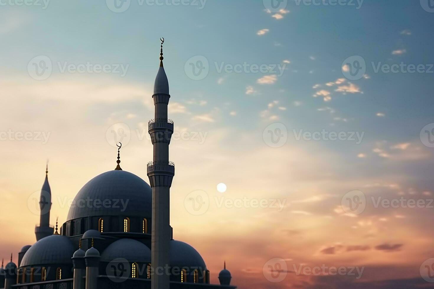 AI generated Ramadan Kareem. Tall minarets, mosque dome and crescent and shining star in the sky. Religious background. photo