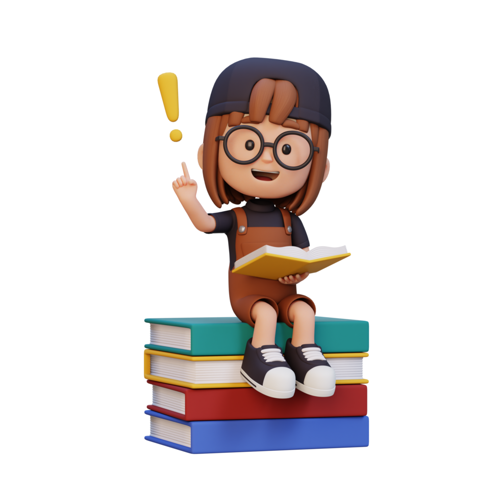 3d niña personaje obtener un idea cuando leyendo un libro png