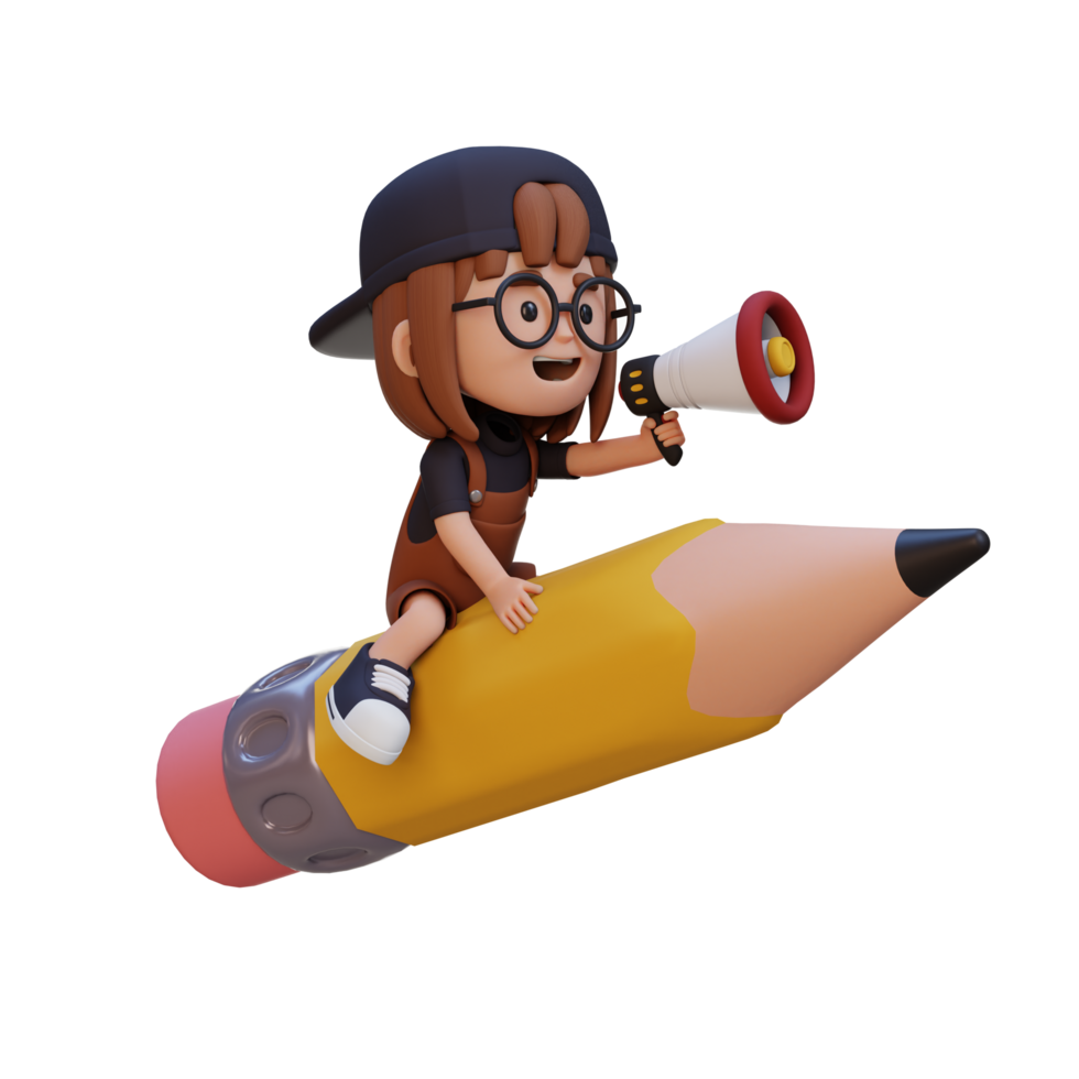 3D girl character riding a pencil and holding megaphone png