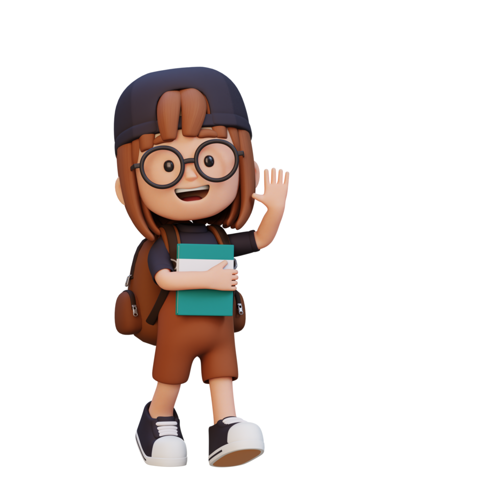 3D happy girl character walking go to school holding book and waving hand png