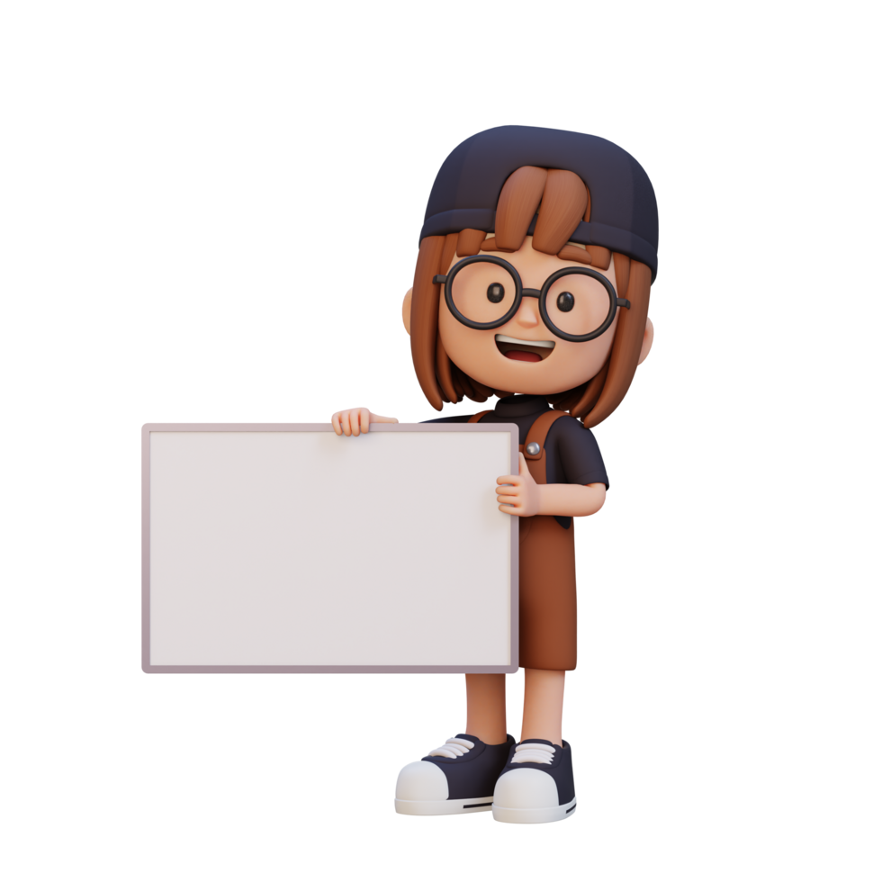 3D girl character holding a blank placard png