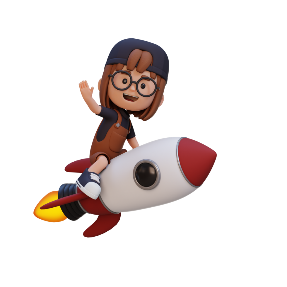3D girl character riding a rocket and waving hand png