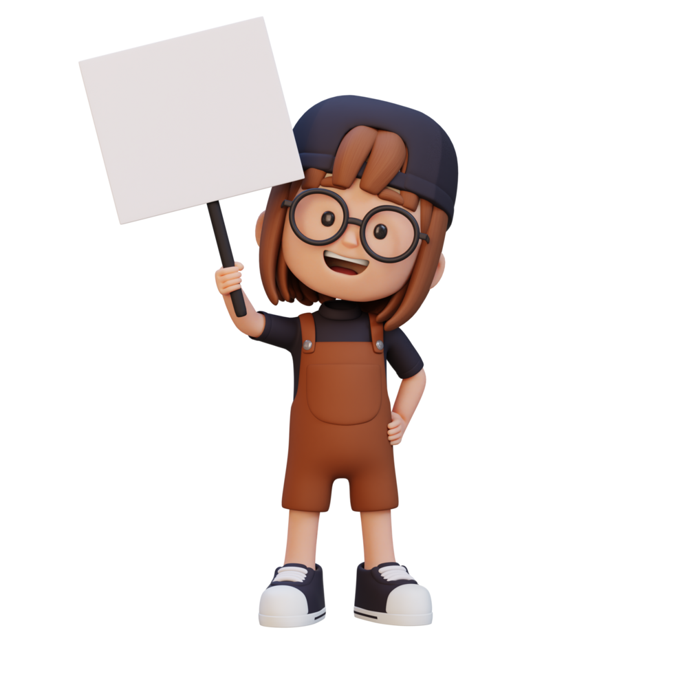 3D girl character holding a blank placard png