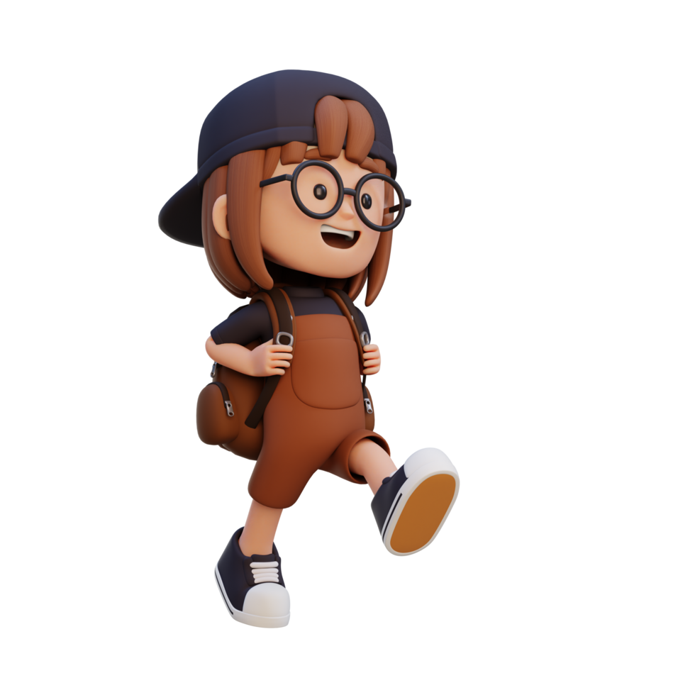 3D happy girl character walking go to school holding bag png