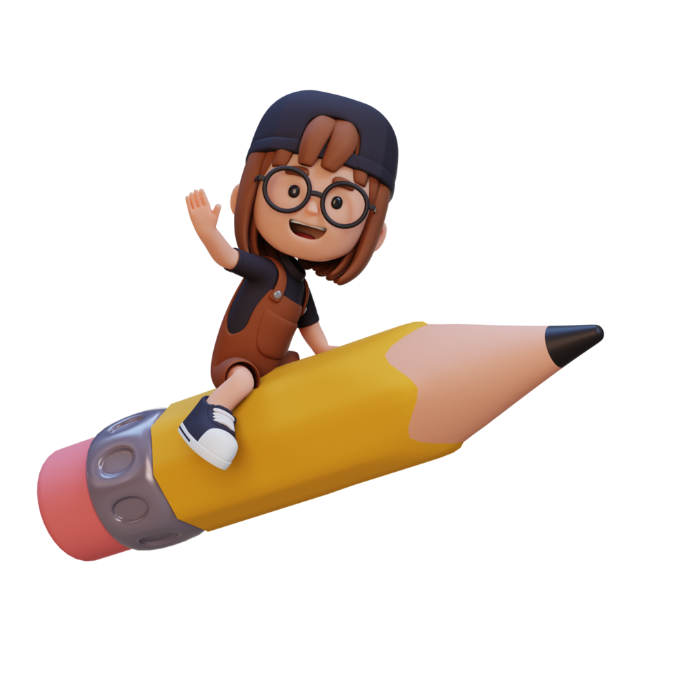 3D girl character riding a pencil and waving hand png