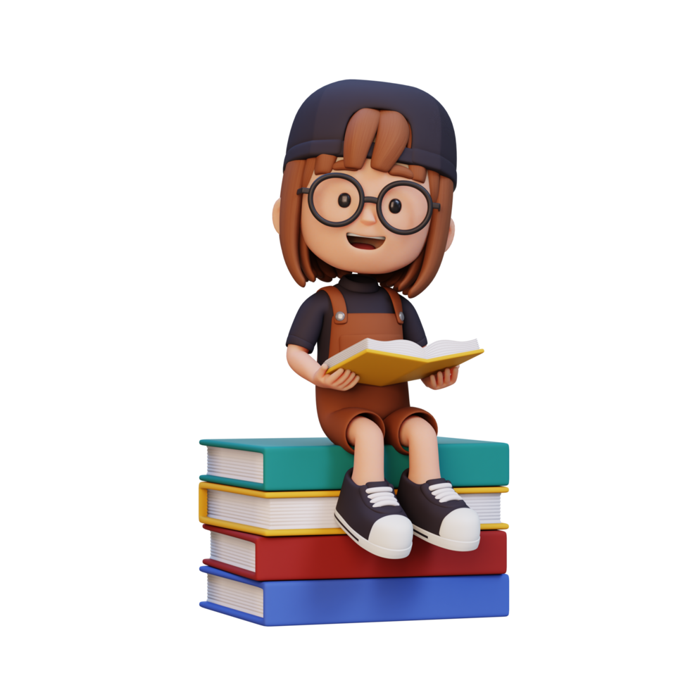 3D happy girl character reading book png