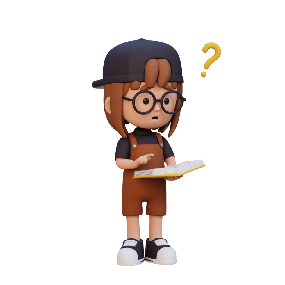 3D girl character get confused when reading a book png