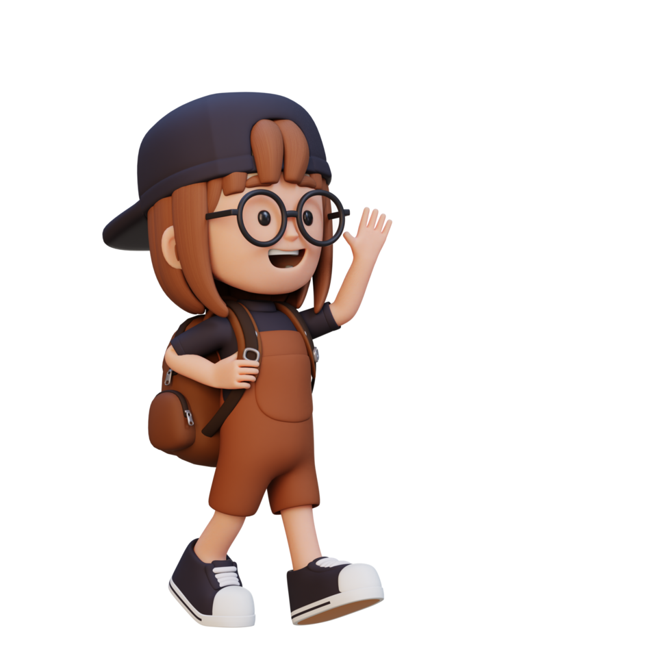 3d content fille personnage en marchant et agitant main png