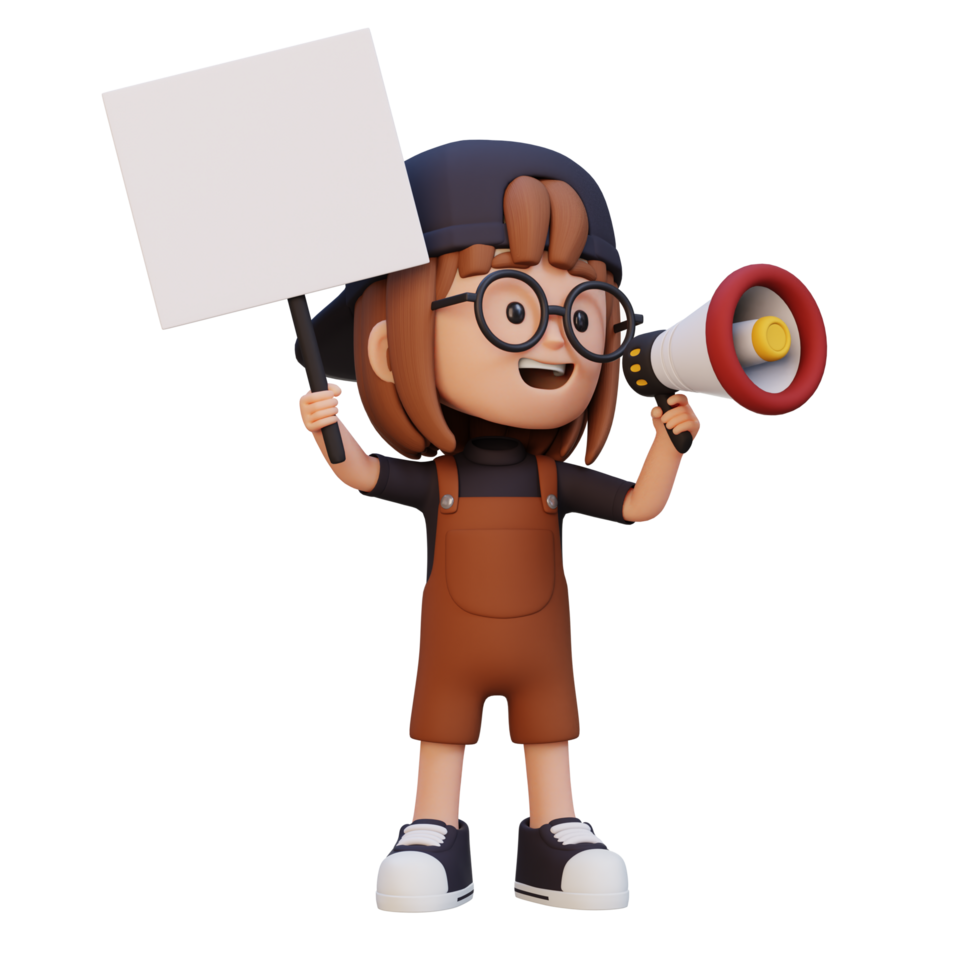 3D girl character holding a blank placard png